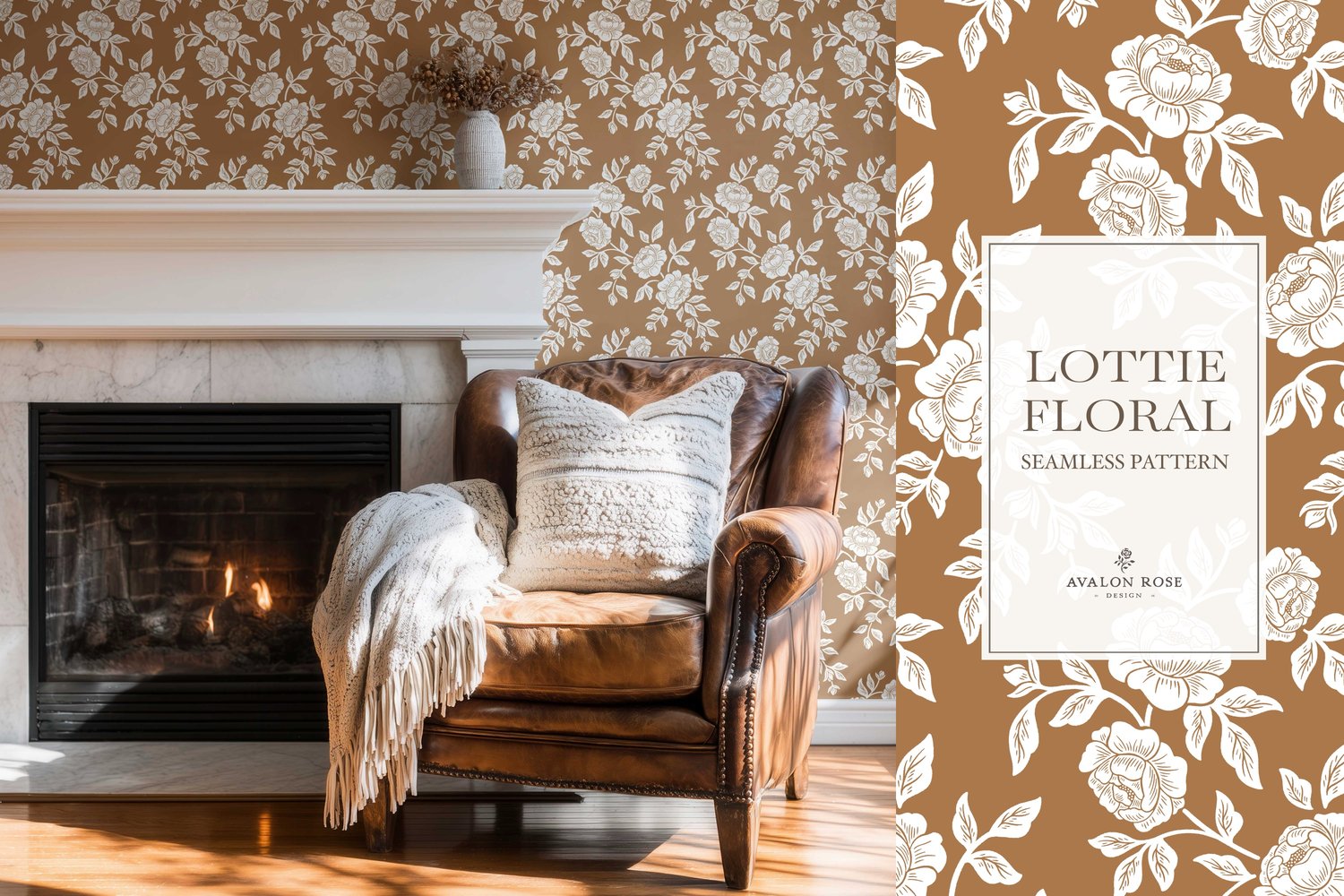 Vintage-inspired farmhouse style seamless surface pattern featuring hand-drawn rose climbing florals and leaves in orange and white on wallpaper in a room with a fireplace and leather chair
