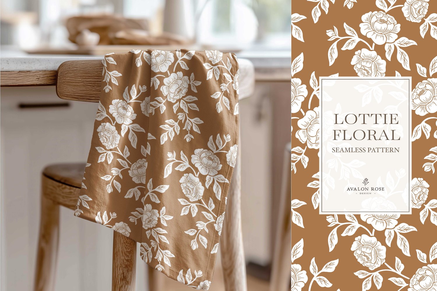 Vintage-inspired farmhouse style seamless surface pattern featuring hand-drawn rose climbing florals and leaves in orange and white on a tea towel