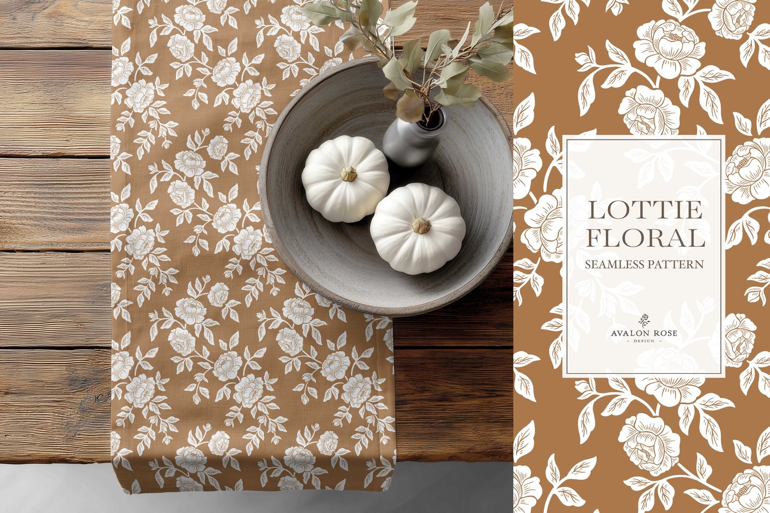 Vintage-inspired farmhouse style seamless surface pattern featuring hand-drawn rose climbing florals and leaves in orange and white on a table runner