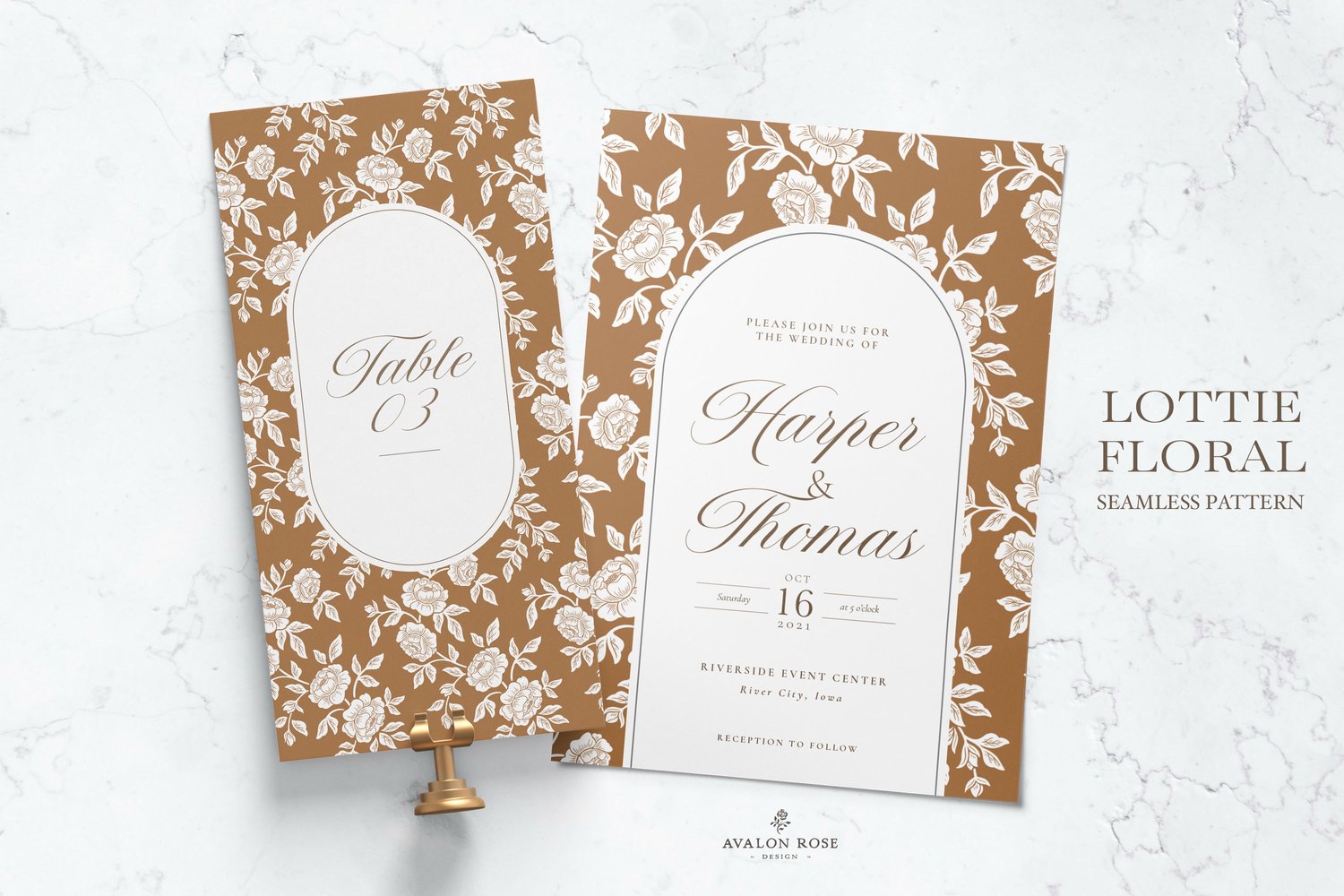 Vintage-inspired farmhouse style seamless surface pattern featuring hand-drawn rose climbing florals and leaves in orange and white on wedding invitations