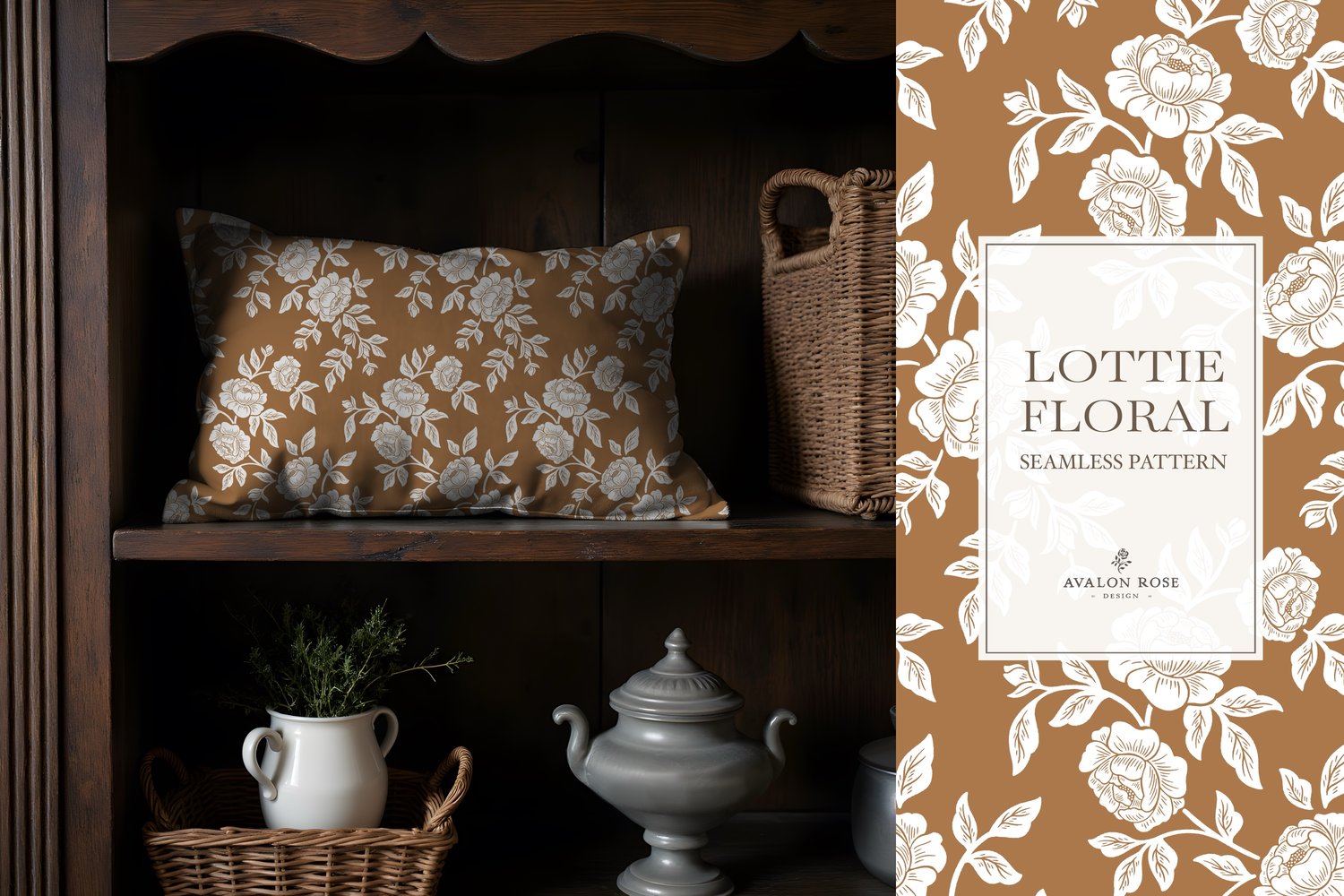 Vintage-inspired farmhouse style seamless surface pattern featuring hand-drawn rose climbing florals and leaves in orange and white on a throw pillow on a wooden shelf