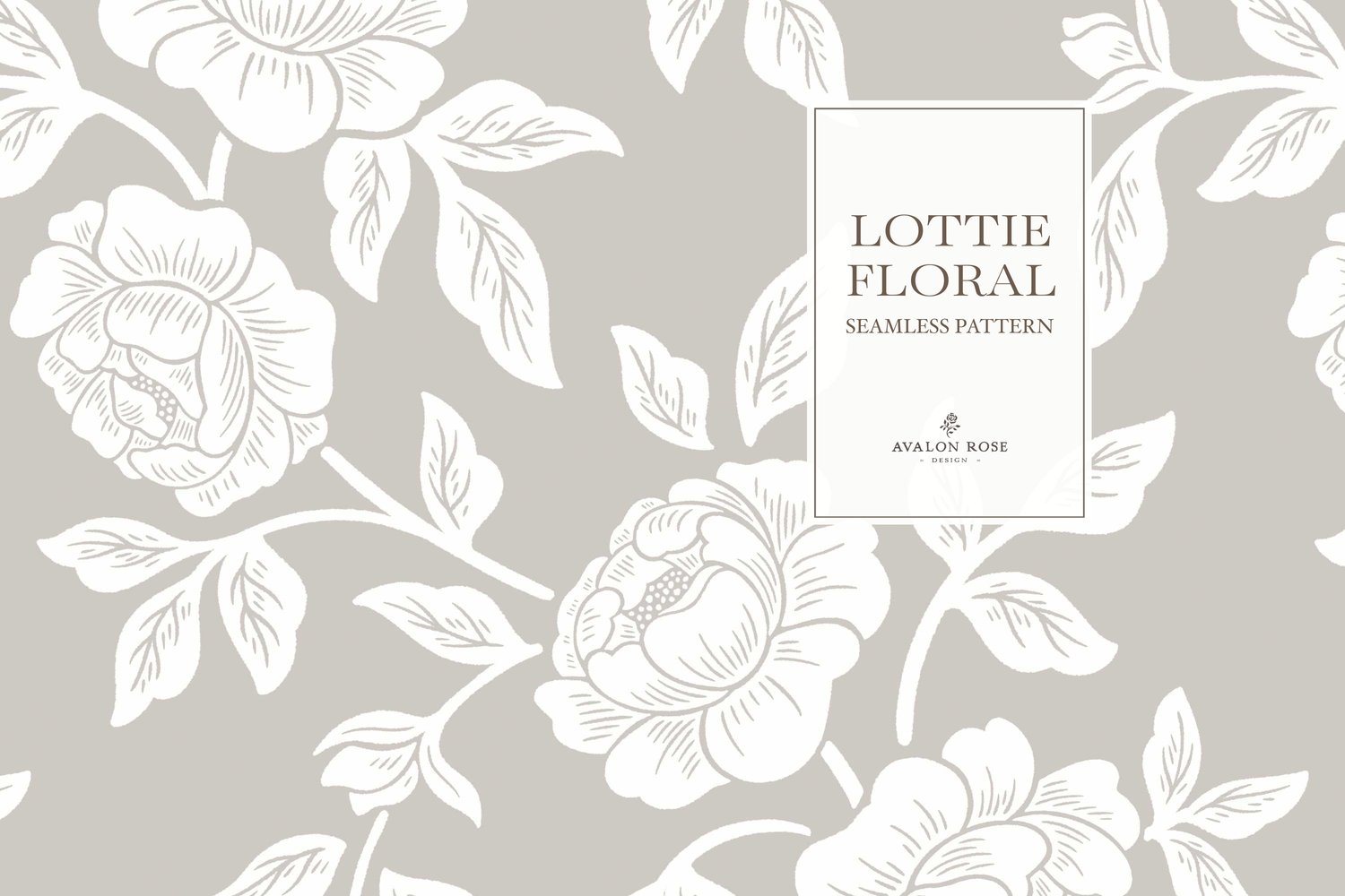 Vintage-inspired farmhouse style seamless surface pattern featuring hand-drawn rose climbing florals and leaves in gray and white