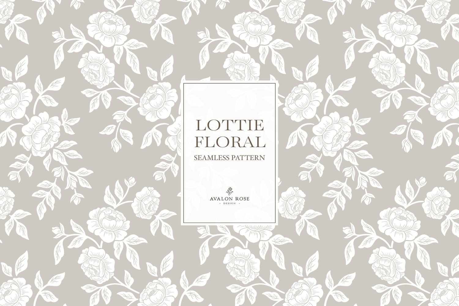 Vintage-inspired farmhouse style seamless surface pattern featuring hand-drawn rose climbing florals and leaves in gray and white