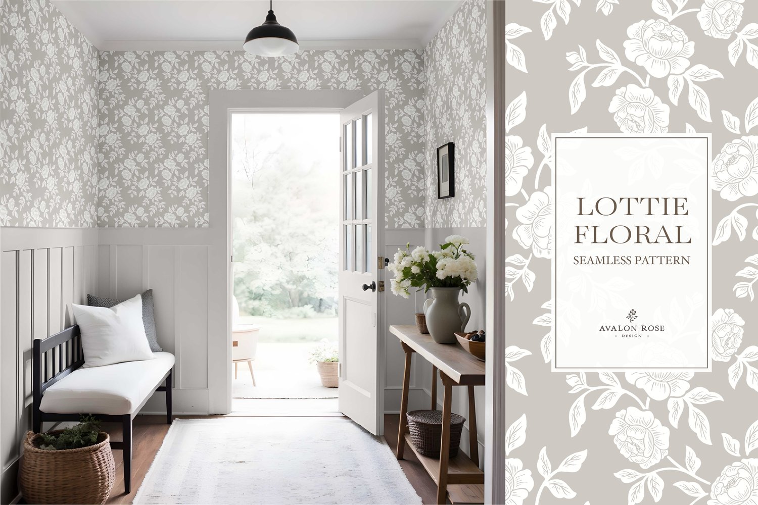 Vintage-inspired farmhouse style seamless surface pattern featuring hand-drawn rose climbing florals and leaves in gray and white on wallpaper in an entryway
