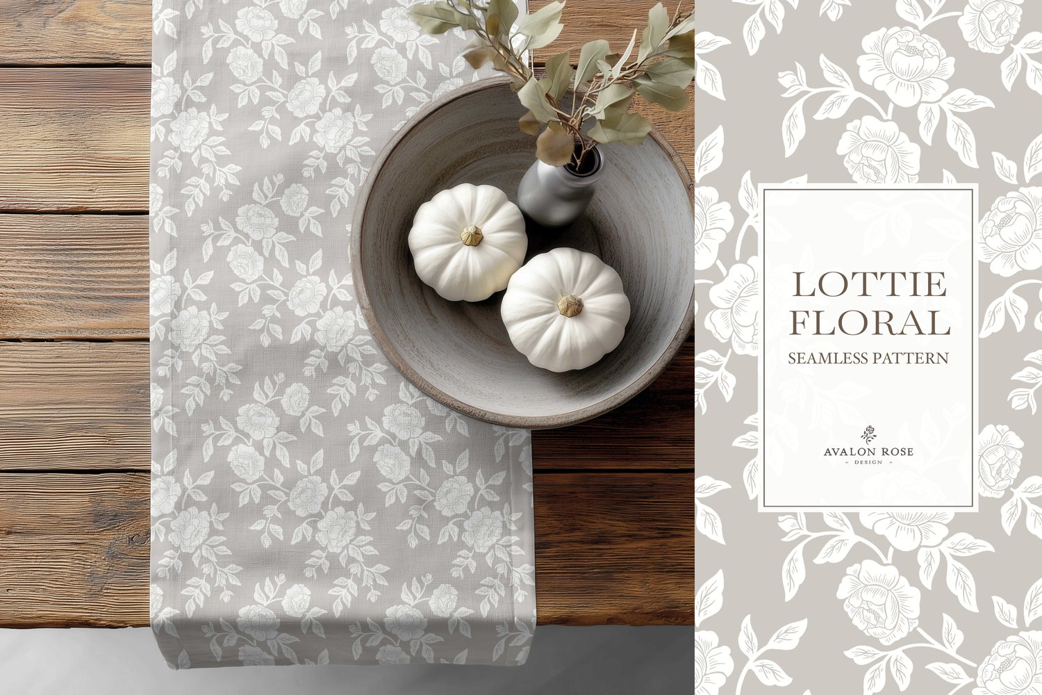 Vintage-inspired farmhouse style seamless surface pattern featuring hand-drawn rose climbing florals and leaves in gray and white on a table runner with a bowl of white pumpkins