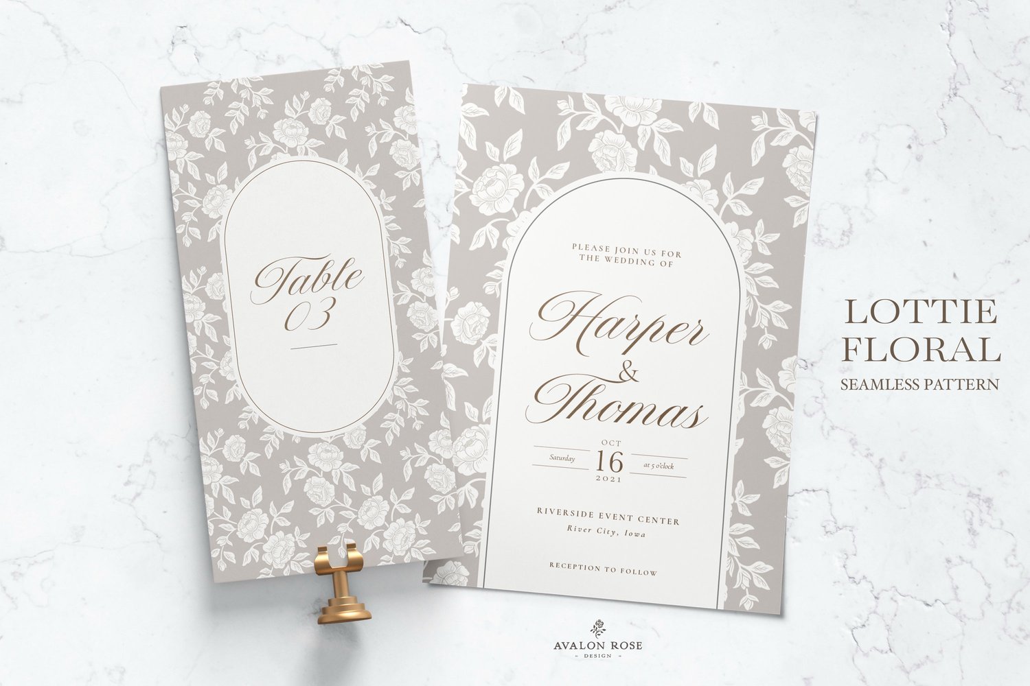 Vintage-inspired farmhouse style seamless surface pattern featuring hand-drawn rose climbing florals and leaves in gray and white on wedding invitations