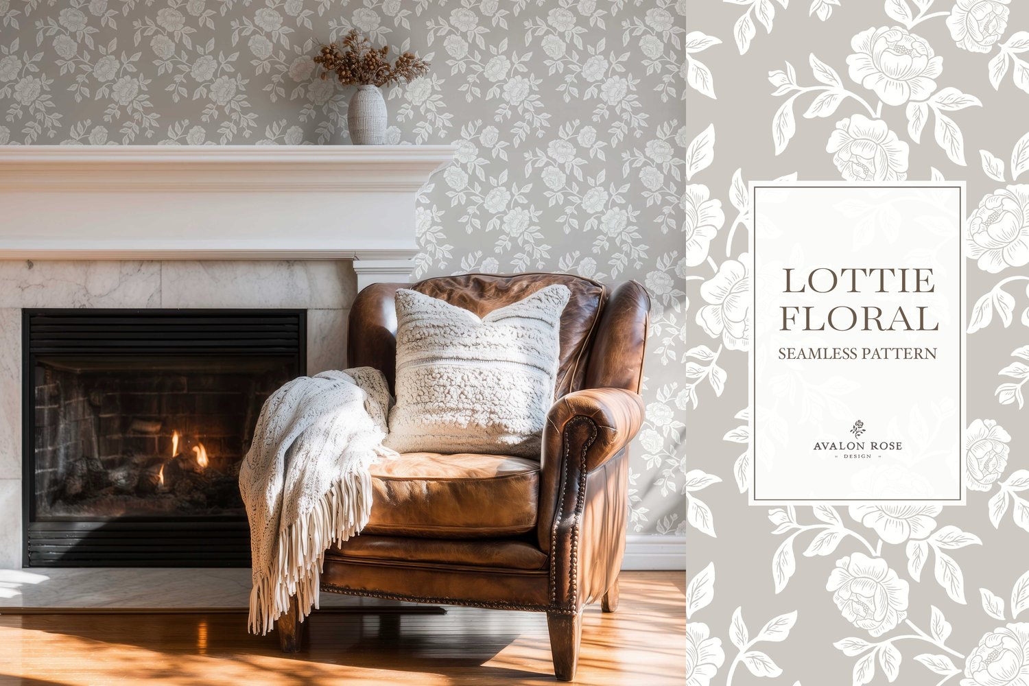 Vintage-inspired farmhouse style seamless surface pattern featuring hand-drawn rose climbing florals and leaves in gray and white in a room with a fireplace and leather chair