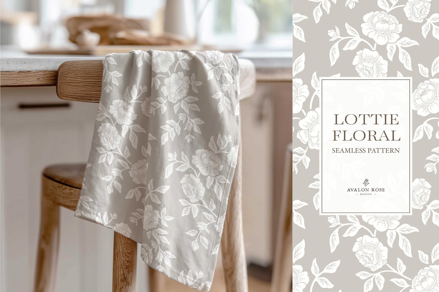 Vintage-inspired farmhouse style seamless surface pattern featuring hand-drawn rose climbing florals and leaves in gray and white on a tea towel hanging over a chair
