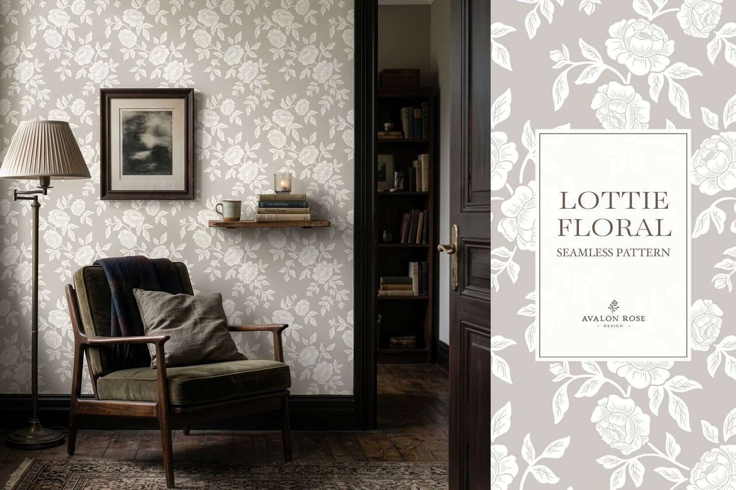 Vintage-inspired farmhouse style seamless surface pattern featuring hand-drawn rose climbing florals and leaves in gray and white on wallpaper in a dark academia style room