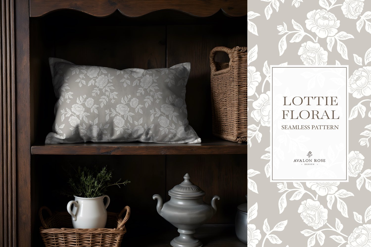Vintage-inspired farmhouse style seamless surface pattern featuring hand-drawn rose climbing florals and leaves in gray and white on a throw pillow in a wooden shelf