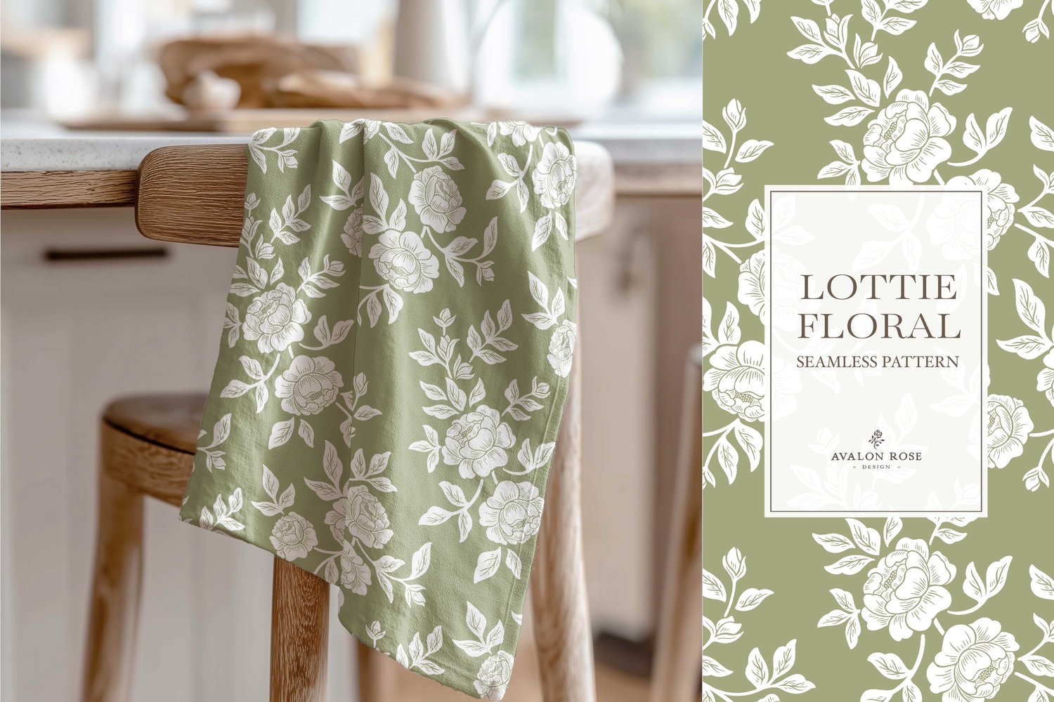 Vintage-inspired farmhouse style seamless surface pattern featuring hand-drawn rose climbing florals and leaves in fern green and white on a tea towel hanging over a chair