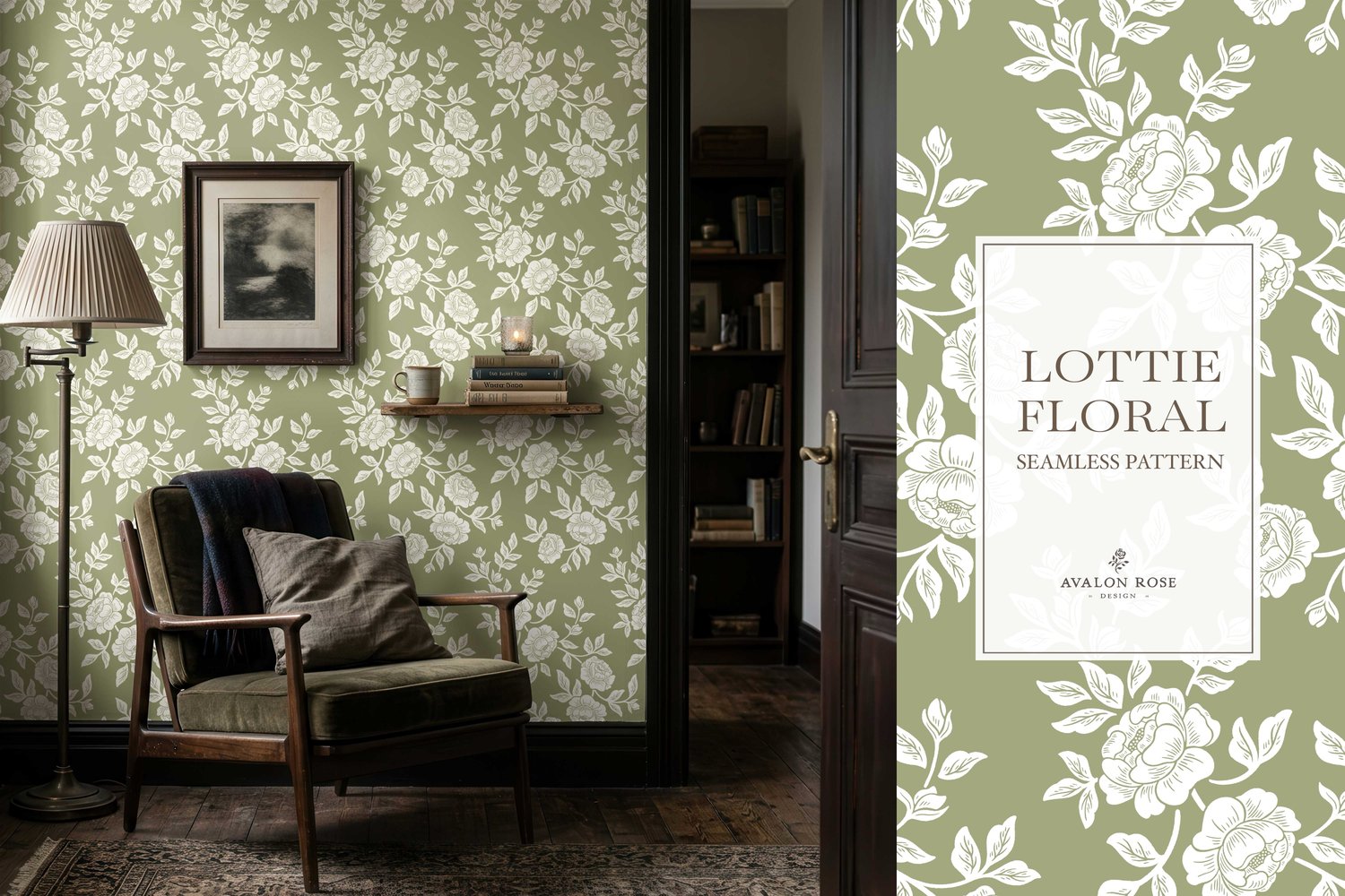 Vintage-inspired farmhouse style seamless surface pattern featuring hand-drawn rose climbing florals and leaves in fern green and white on wallpaper in a room with a chair and lamp