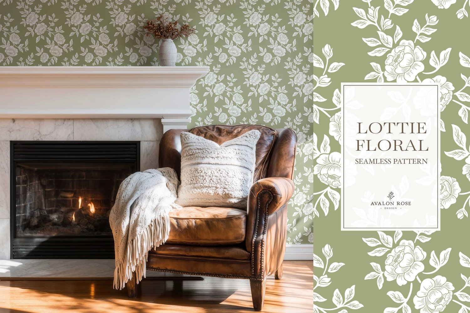 Vintage-inspired farmhouse style seamless surface pattern featuring hand-drawn rose climbing florals and leaves in fern green and white on wallpaper in a room with a fireplace and leather chair