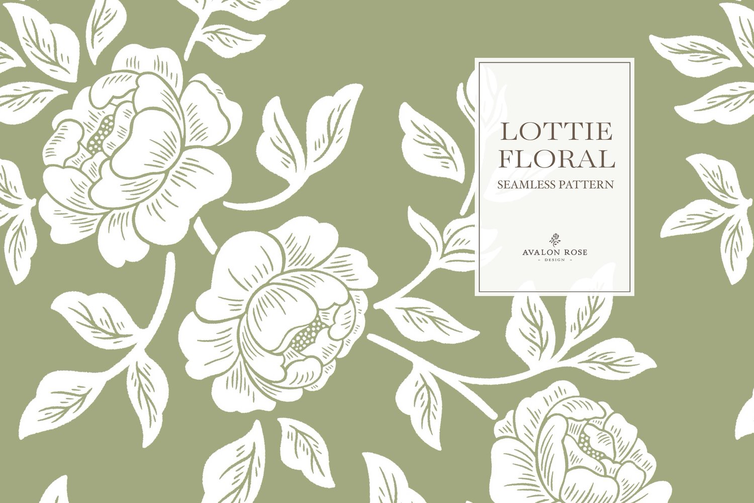 Vintage-inspired farmhouse style seamless surface pattern featuring hand-drawn rose climbing florals and leaves in fern green and white