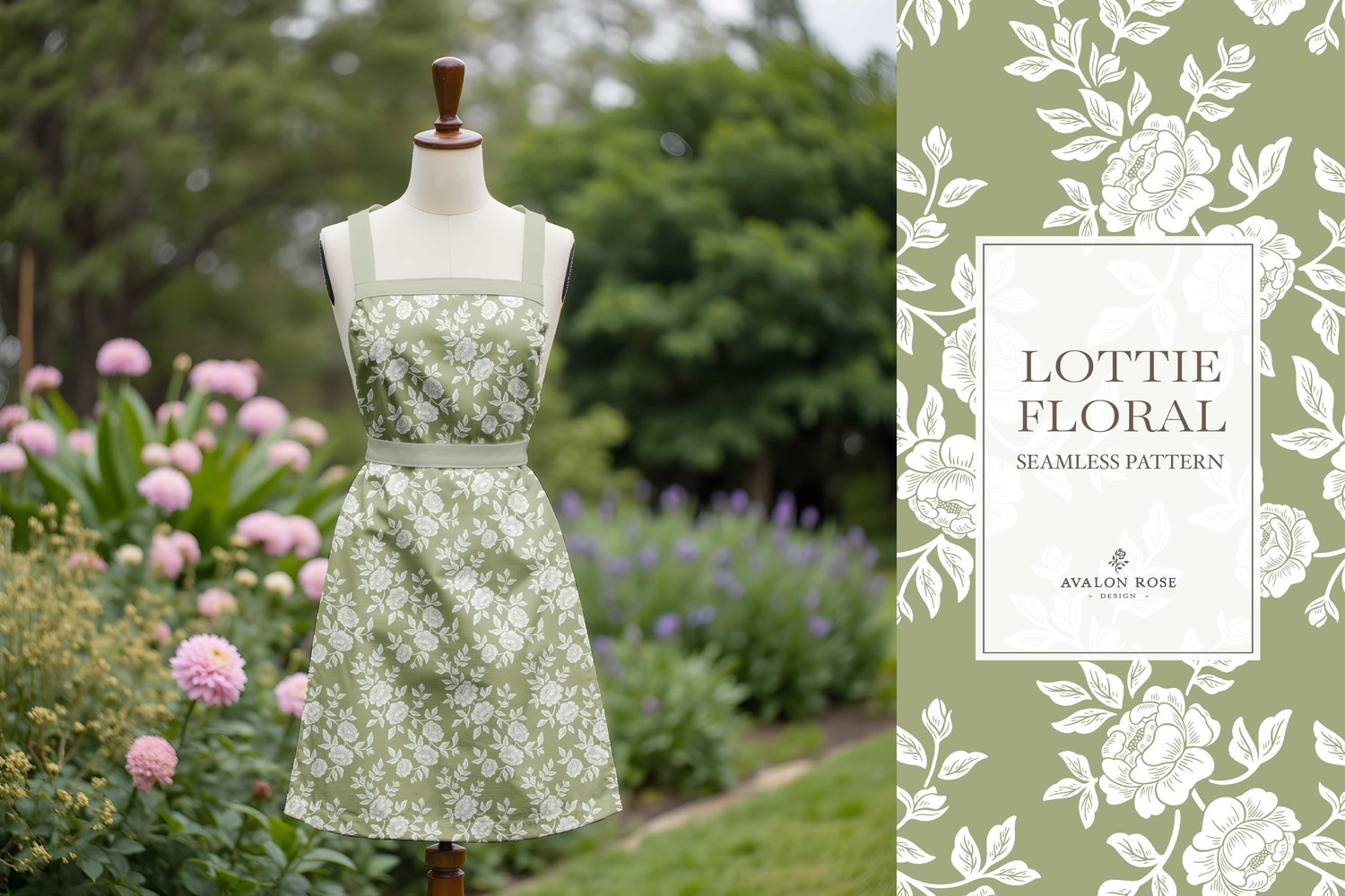 Vintage-inspired farmhouse style seamless surface pattern featuring hand-drawn rose climbing florals and leaves in fern green and white on an apron on a dress form in a flower garden