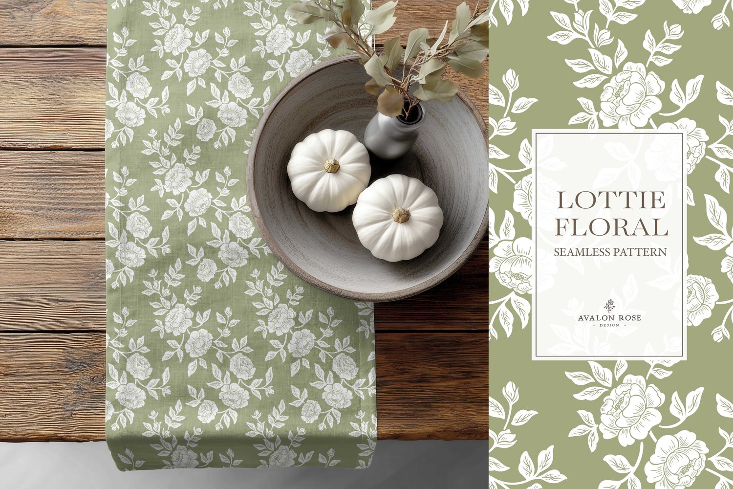 Vintage-inspired farmhouse style seamless surface pattern featuring hand-drawn rose climbing florals and leaves in fern green and white on a table runner with a bowl of white pumpkins