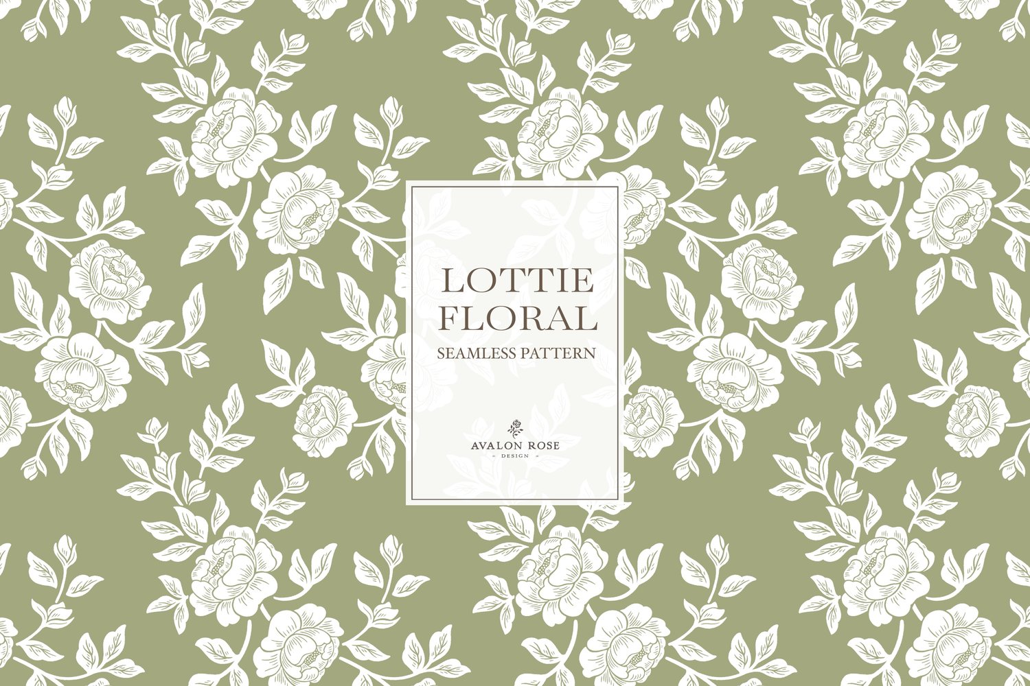 Vintage-inspired farmhouse style seamless surface pattern featuring hand-drawn rose climbing florals and leaves in fern green and white