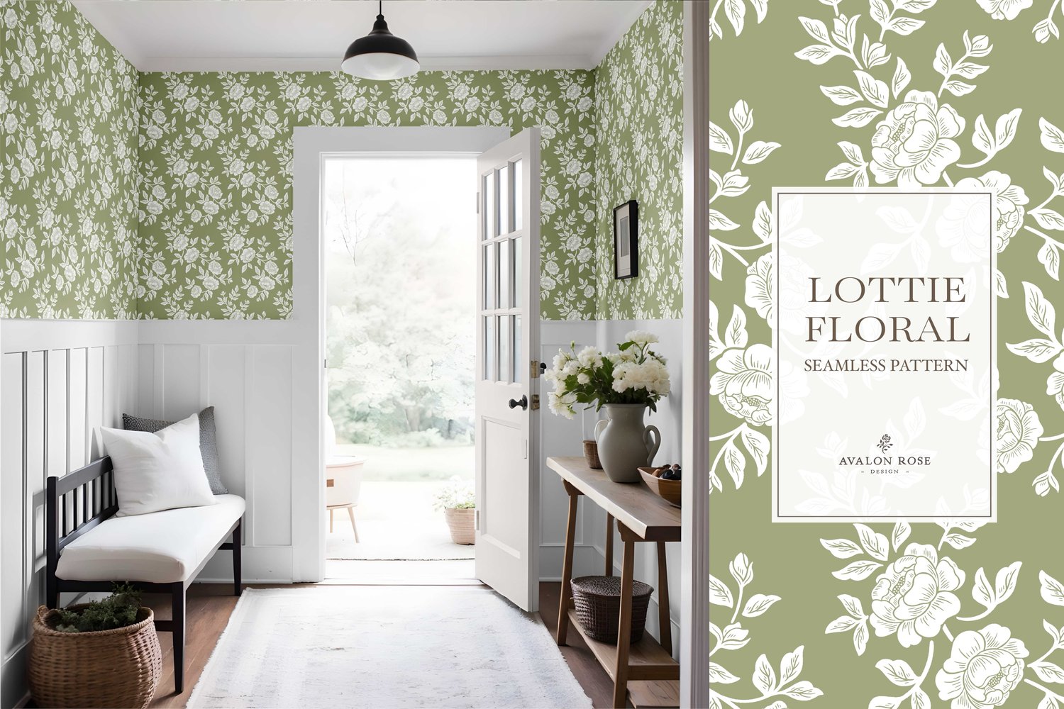 Vintage-inspired farmhouse style seamless surface pattern featuring hand-drawn rose climbing florals and leaves in fern green and white on wallpaper in an entryway