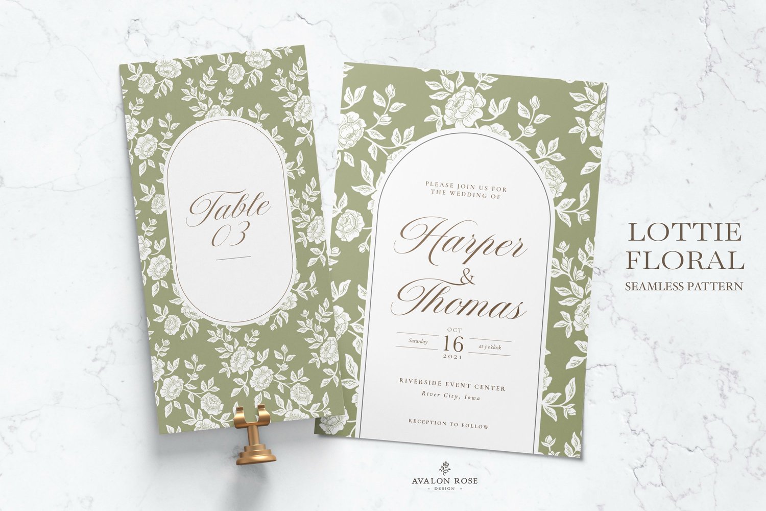 Vintage-inspired farmhouse style seamless surface pattern featuring hand-drawn rose climbing florals and leaves in fern green and white on wedding invitations