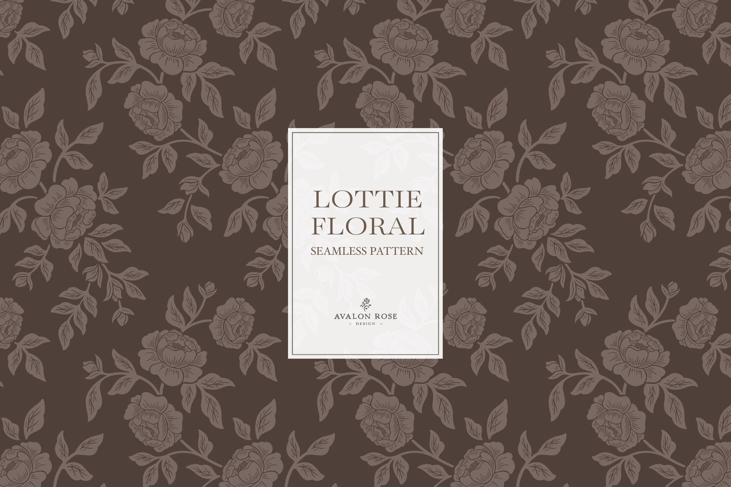 Vintage-inspired farmhouse style seamless surface pattern featuring hand-drawn rose climbing florals and leaves in dark brown