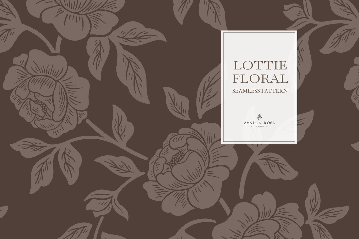 Vintage-inspired farmhouse style seamless surface pattern featuring hand-drawn rose climbing florals and leaves in dark brown