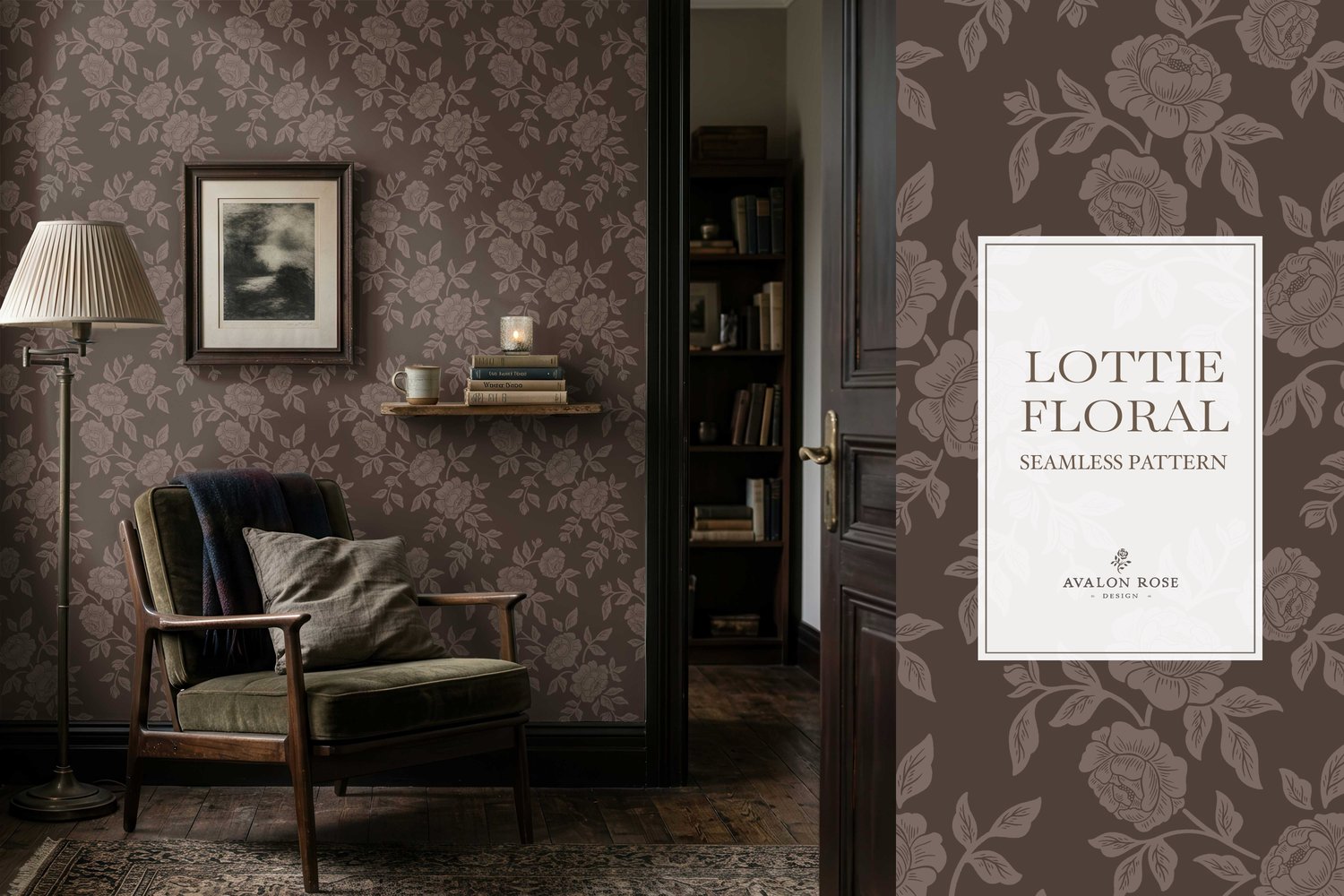 Vintage-inspired farmhouse style seamless surface pattern featuring hand-drawn rose climbing florals and leaves in dark brown on wallpaper in a room with a chair and lamp