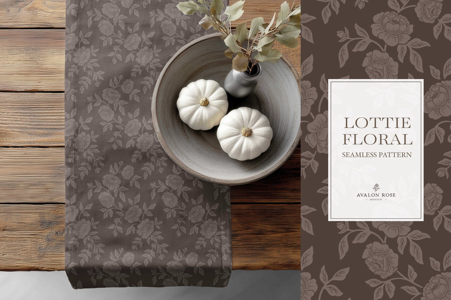 Vintage-inspired farmhouse style seamless surface pattern featuring hand-drawn rose climbing florals and leaves in dark brown on a table runner on a table with a bowl of white pumpkins