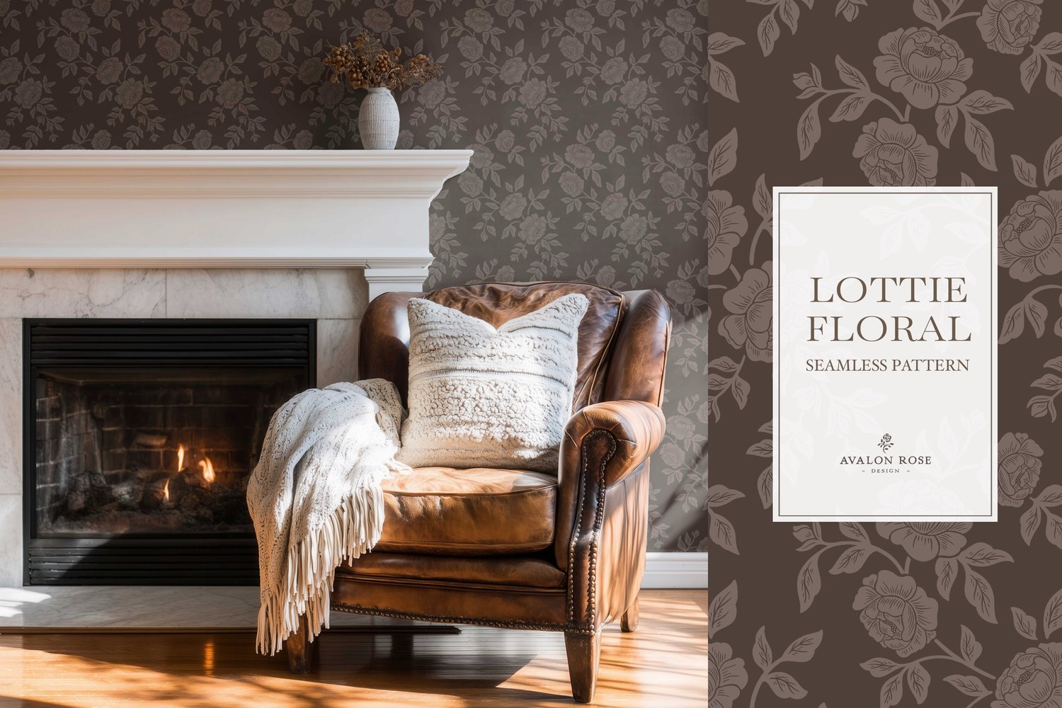 Vintage-inspired farmhouse style seamless surface pattern featuring hand-drawn rose climbing florals and leaves in dark brown on wallpaper in a room with a fireplace and leather chair