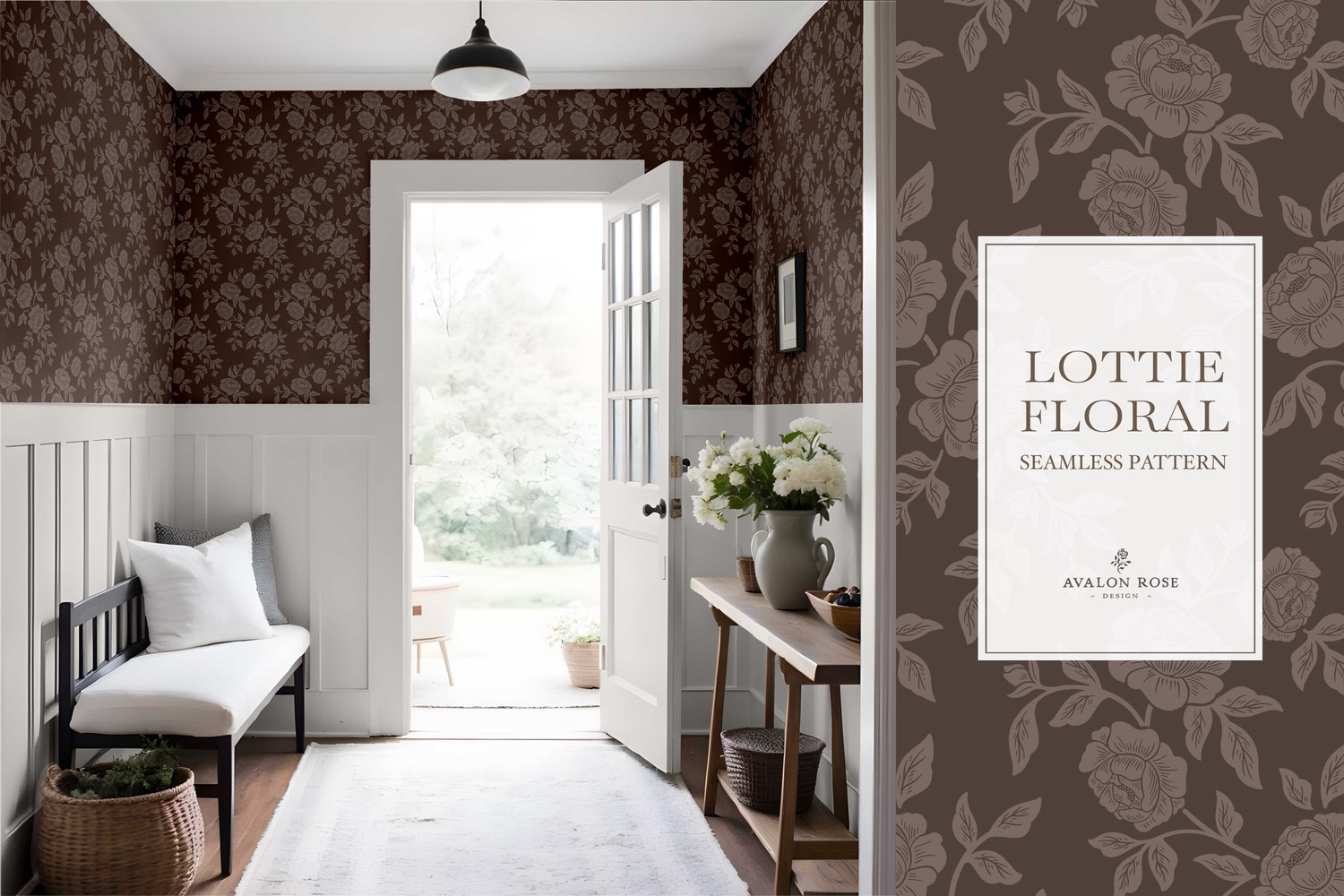 Vintage-inspired farmhouse style seamless surface pattern featuring hand-drawn rose climbing florals and leaves in dark brown on wallpaper in an entryway with white wainscoting and benches
