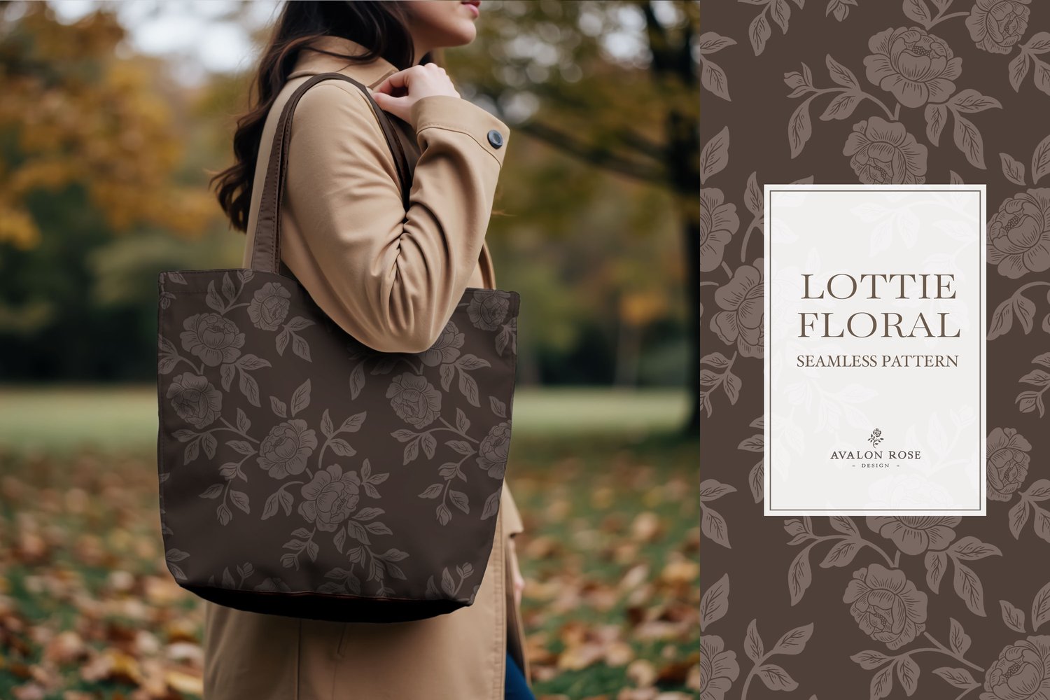 Vintage-inspired farmhouse style seamless surface pattern featuring hand-drawn rose climbing florals and leaves in dark brown on a tote bag carried by a woman in an autumn setting