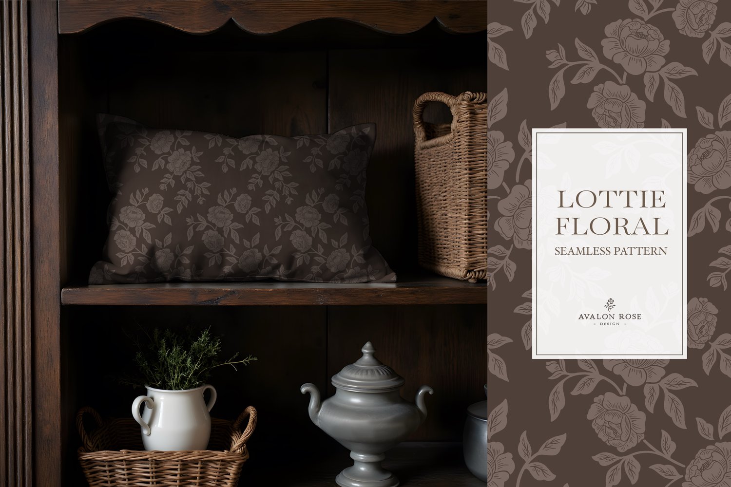 Vintage-inspired farmhouse style seamless surface pattern featuring hand-drawn rose climbing florals and leaves in dark brown on a throw pillow in a wooden shelf unit