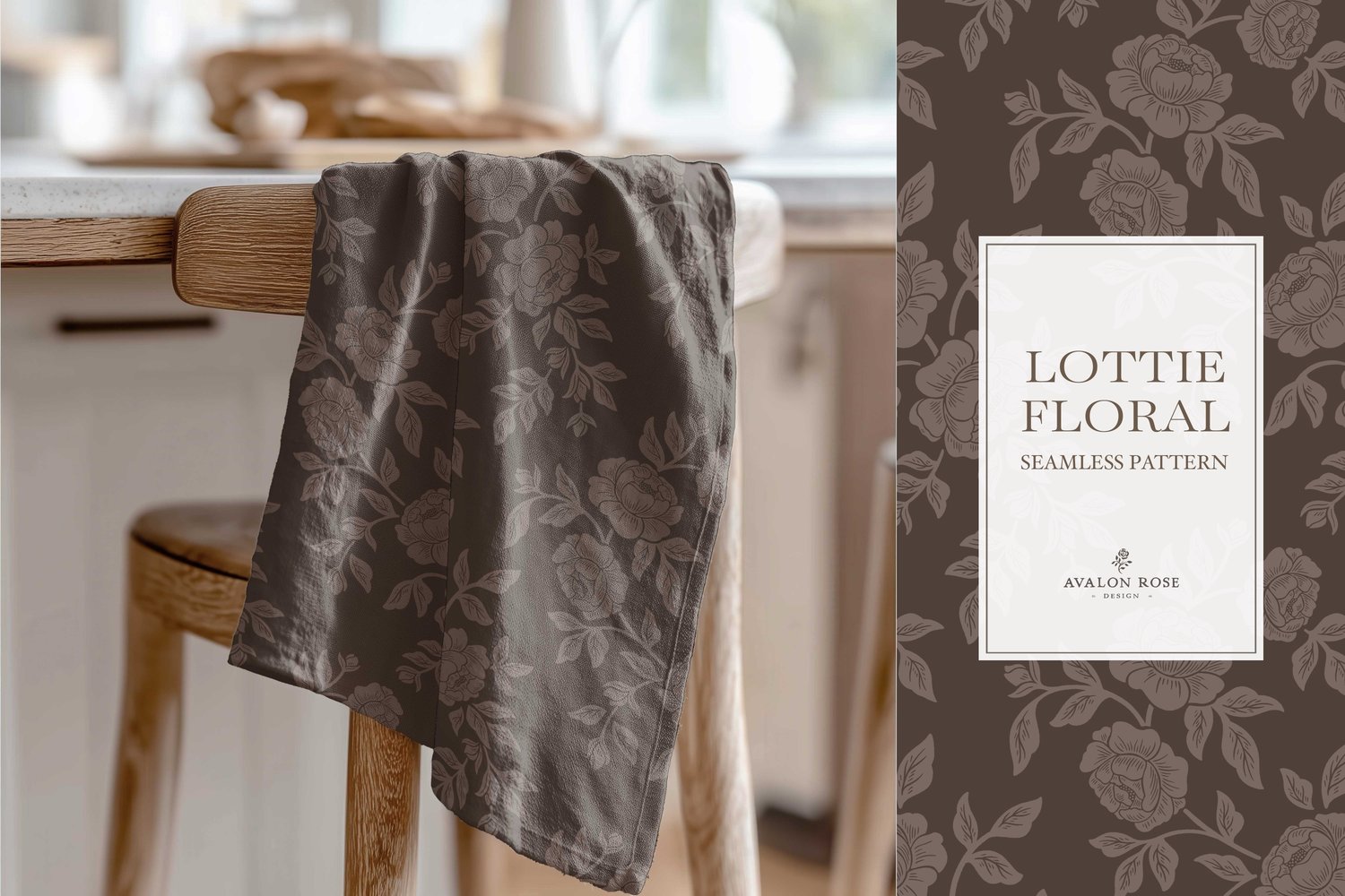 Vintage-inspired farmhouse style seamless surface pattern featuring hand-drawn rose climbing florals and leaves in dark brown on a tea towel hanging over a chair