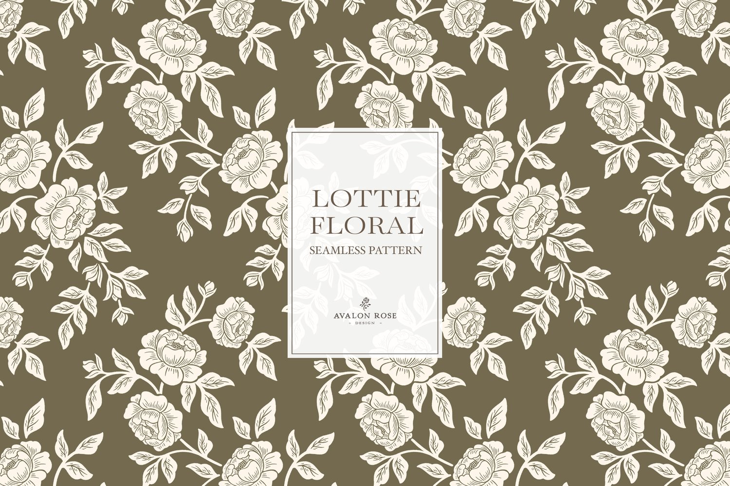 Vintage-inspired farmhouse style seamless surface pattern featuring hand-drawn rose climbing florals and leaves in olive green and cream