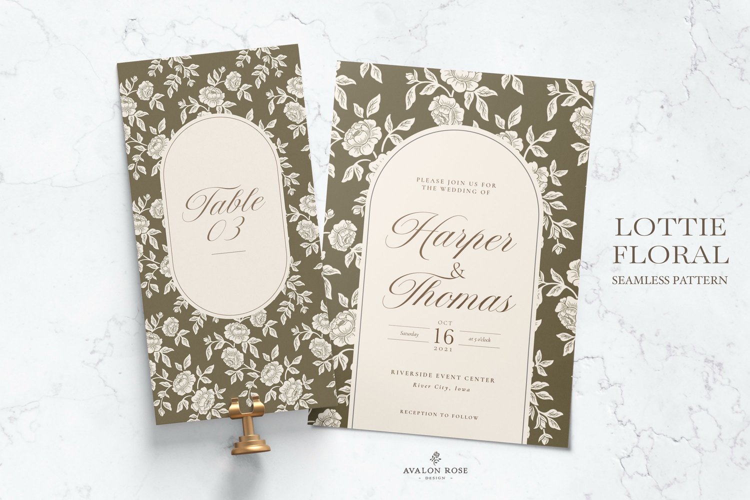 Vintage-inspired farmhouse style seamless surface pattern featuring hand-drawn rose climbing florals and leaves in olive green and cream on wedding invitations