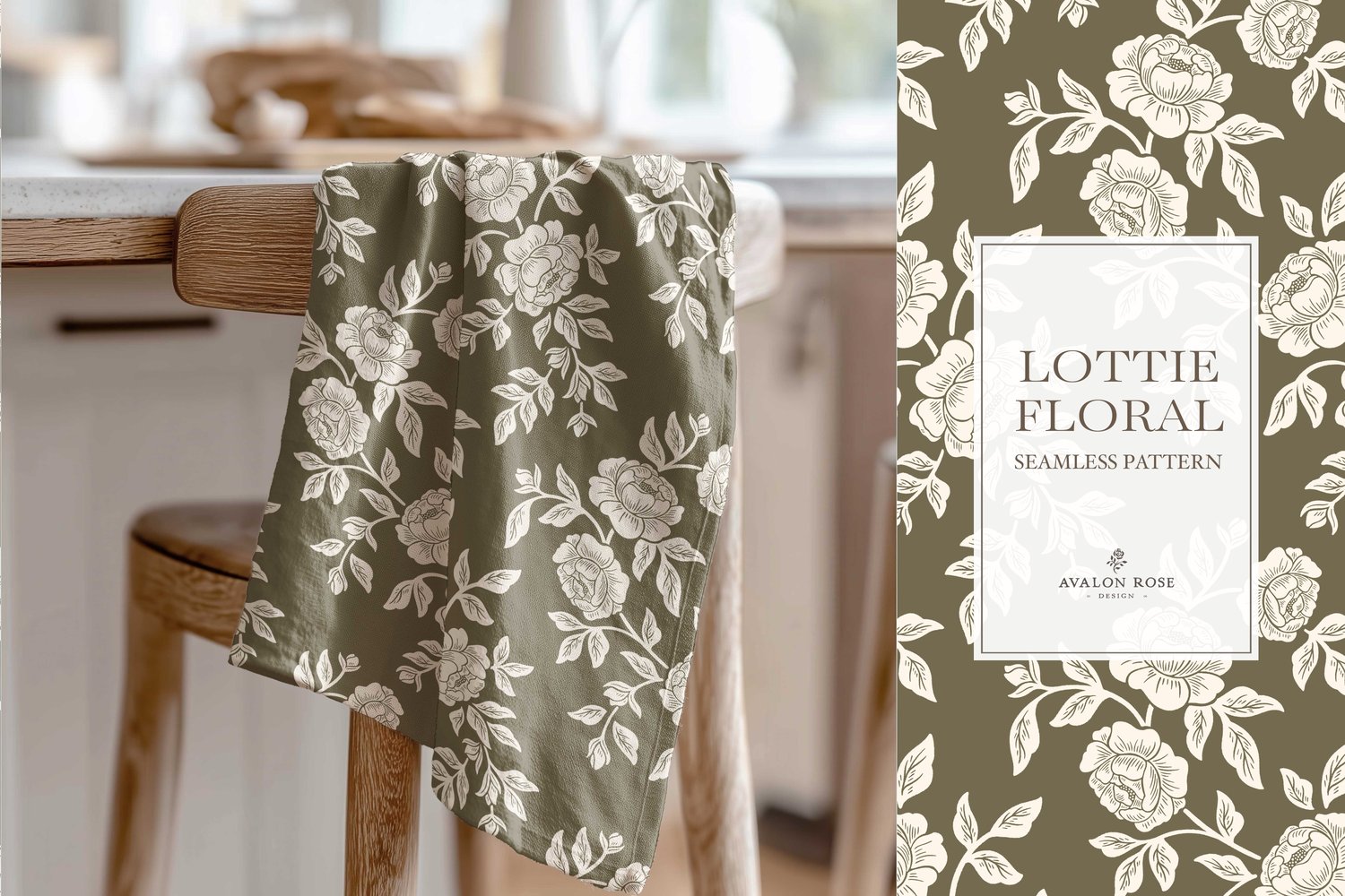 Vintage-inspired farmhouse style seamless surface pattern featuring hand-drawn rose climbing florals and leaves in olive green and cream on a tea towel hanging over a wooden chair