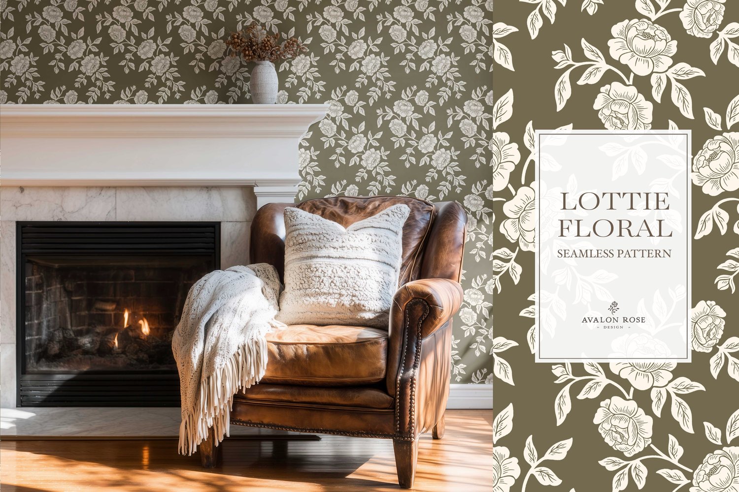 Vintage-inspired farmhouse style seamless surface pattern featuring hand-drawn rose climbing florals and leaves in olive green and cream on wallpaper in a room with a fireplace and leather chair
