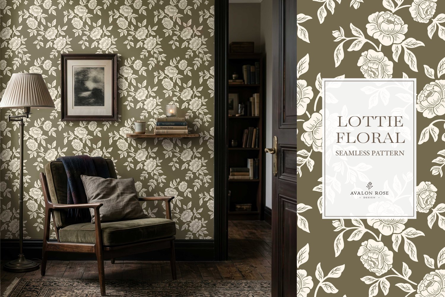 Vintage-inspired farmhouse style seamless surface pattern featuring hand-drawn rose climbing florals and leaves in olive green and cream on wallpaper in a dark academia style room with a chair and lamp