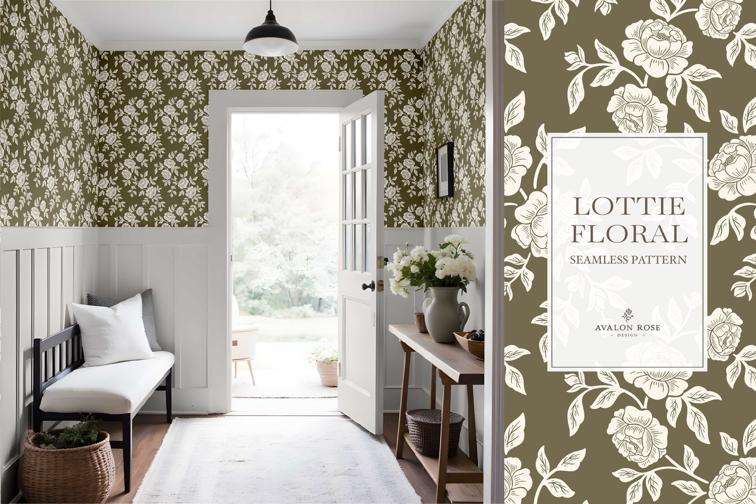 Vintage-inspired farmhouse style seamless surface pattern featuring hand-drawn rose climbing florals and leaves in olive green and cream on wallpaper in an entryway with benches and an open door
