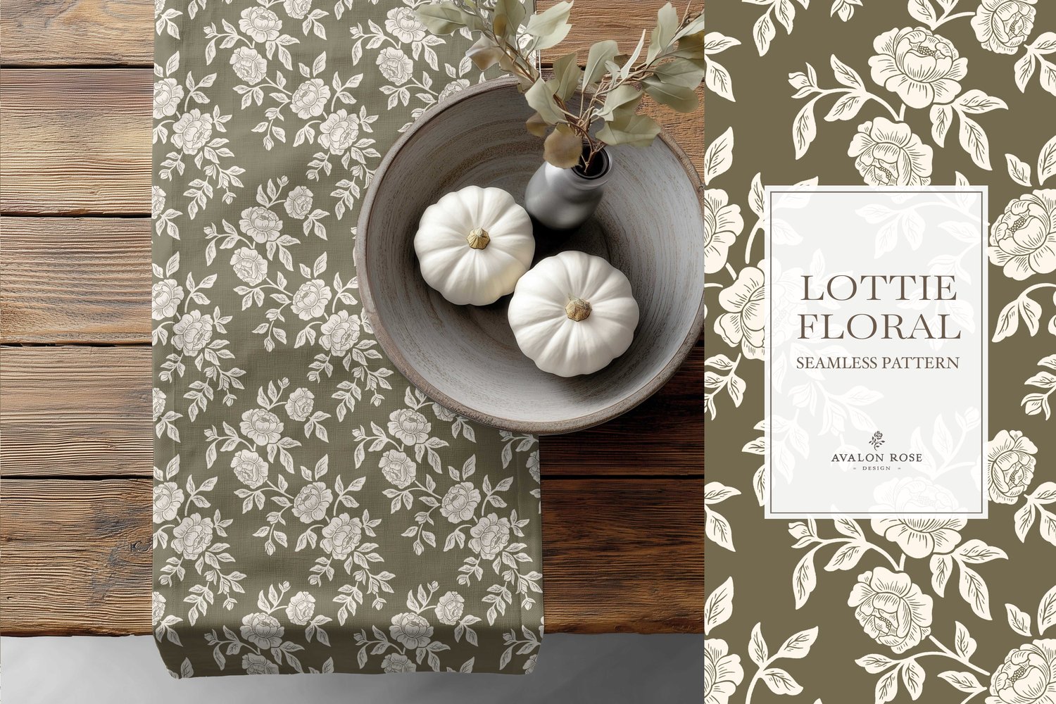 Vintage-inspired farmhouse style seamless surface pattern featuring hand-drawn rose climbing florals and leaves in olive green and cream on a table runner next to a bowl of white pumpkins