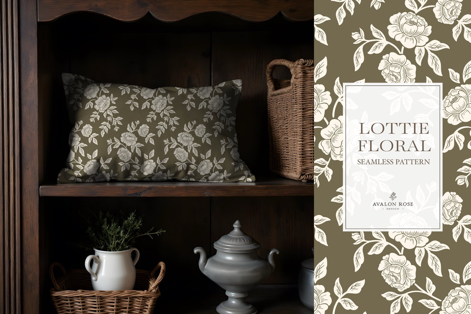 Vintage-inspired farmhouse style seamless surface pattern featuring hand-drawn rose climbing florals and leaves in olive green and cream on a throw pillow in a wooden shelf