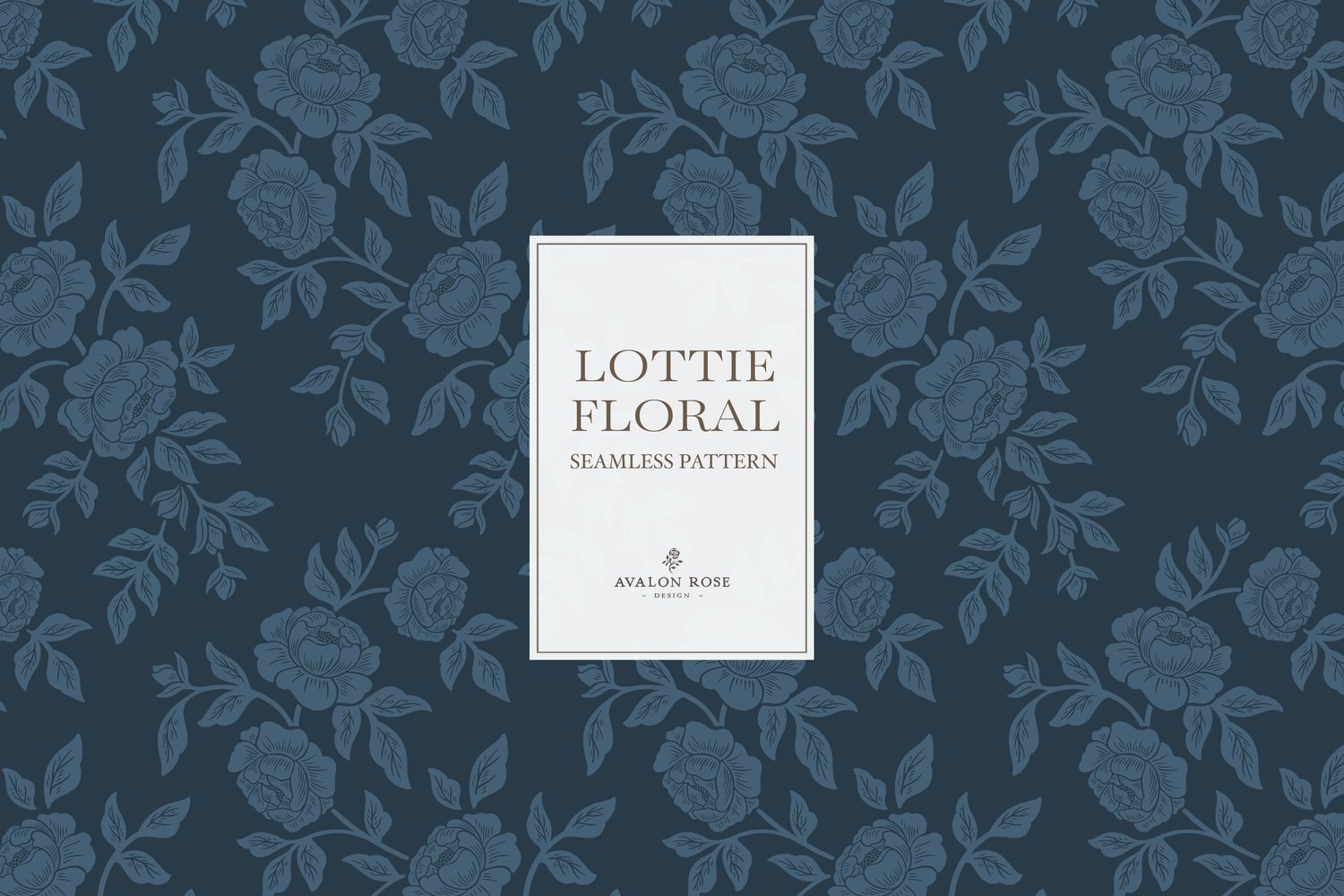Vintage-inspired farmhouse style seamless surface pattern featuring hand-drawn rose climbing florals and leaves in navy blue