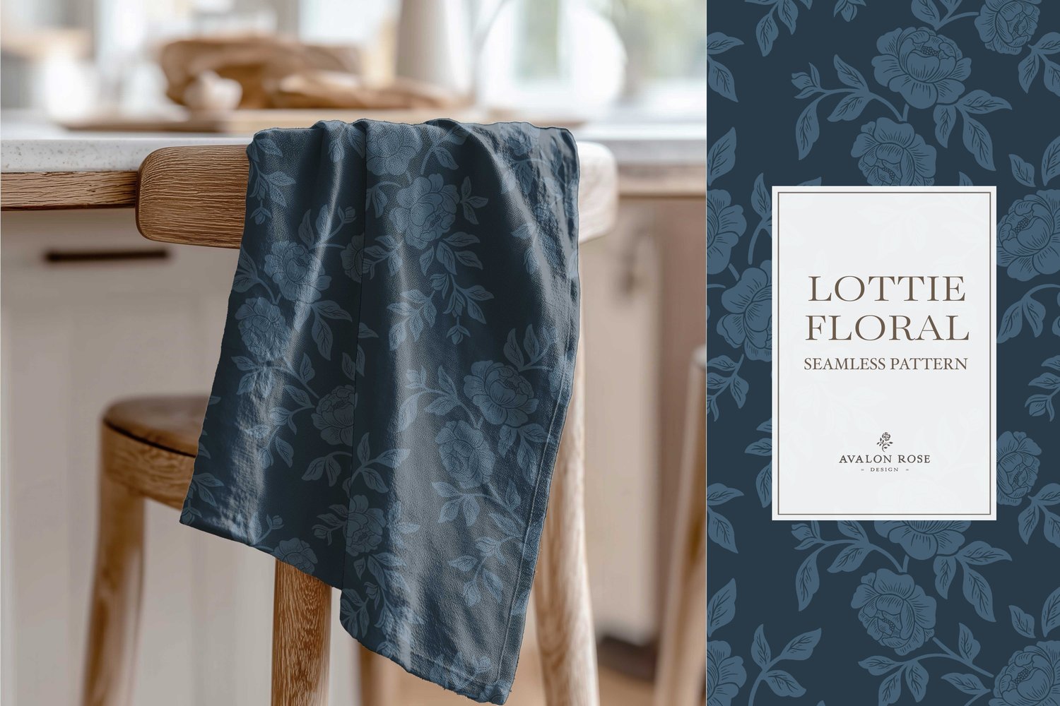 Vintage-inspired farmhouse style seamless surface pattern featuring hand-drawn rose climbing florals and leaves in navy blue on a tea towel hanging over a wooden chair
