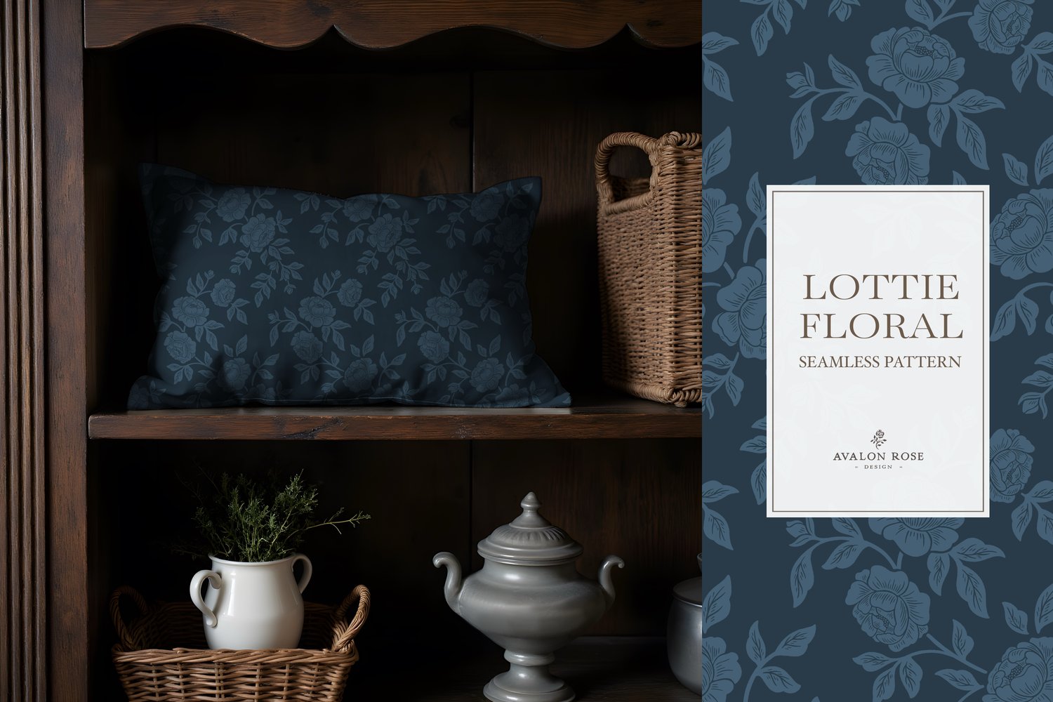 Vintage-inspired farmhouse style seamless surface pattern featuring hand-drawn rose climbing florals and leaves in navy blue on a throw pillow in a dark wooden shelving unit