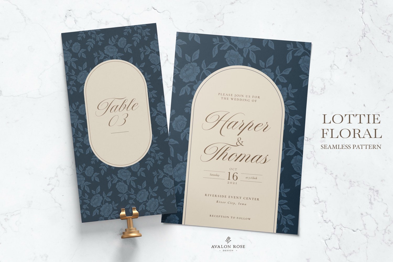 Vintage-inspired farmhouse style seamless surface pattern featuring hand-drawn rose climbing florals and leaves in navy blue on wedding invitations