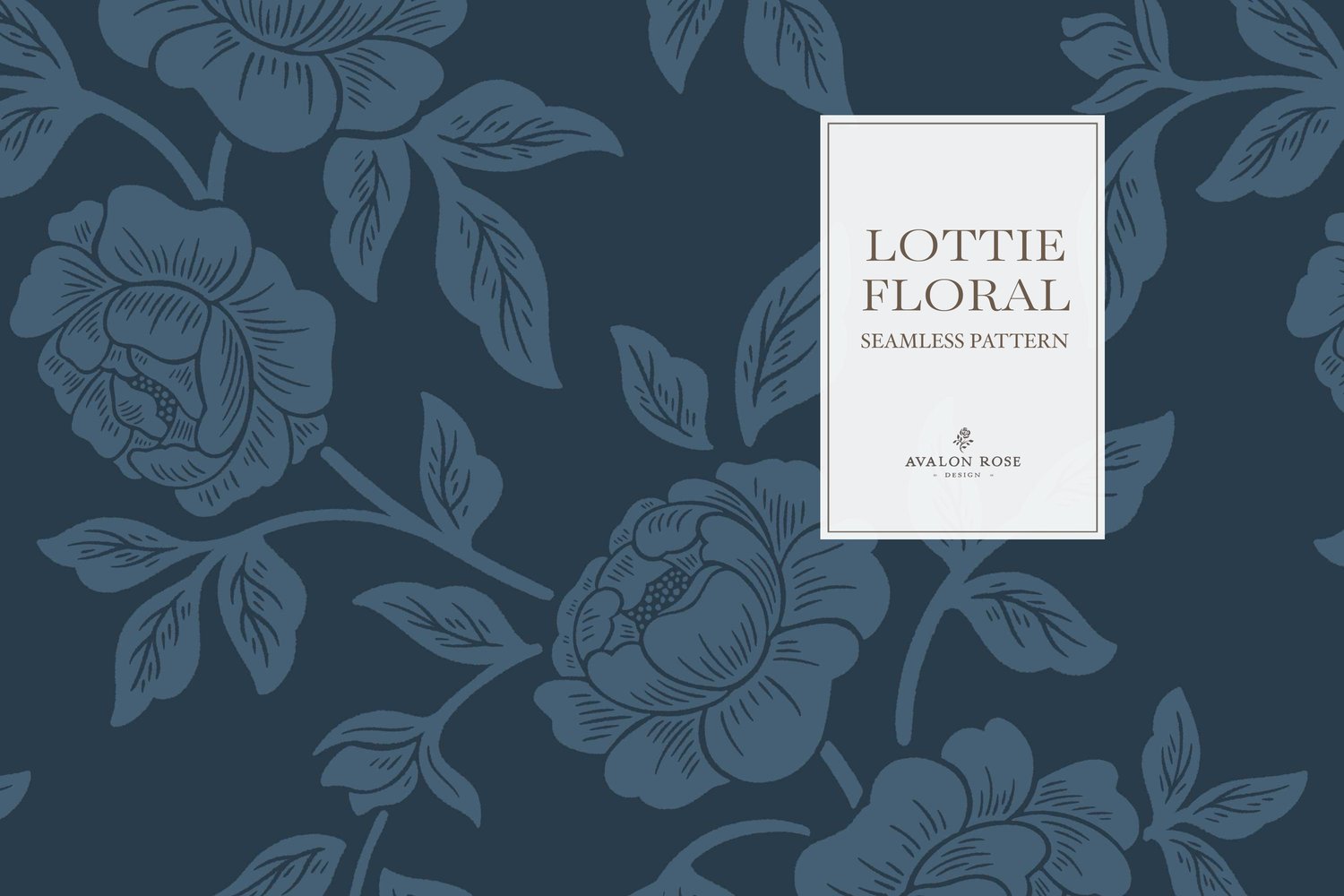 Vintage-inspired farmhouse style seamless surface pattern featuring hand-drawn rose climbing florals and leaves in navy blue