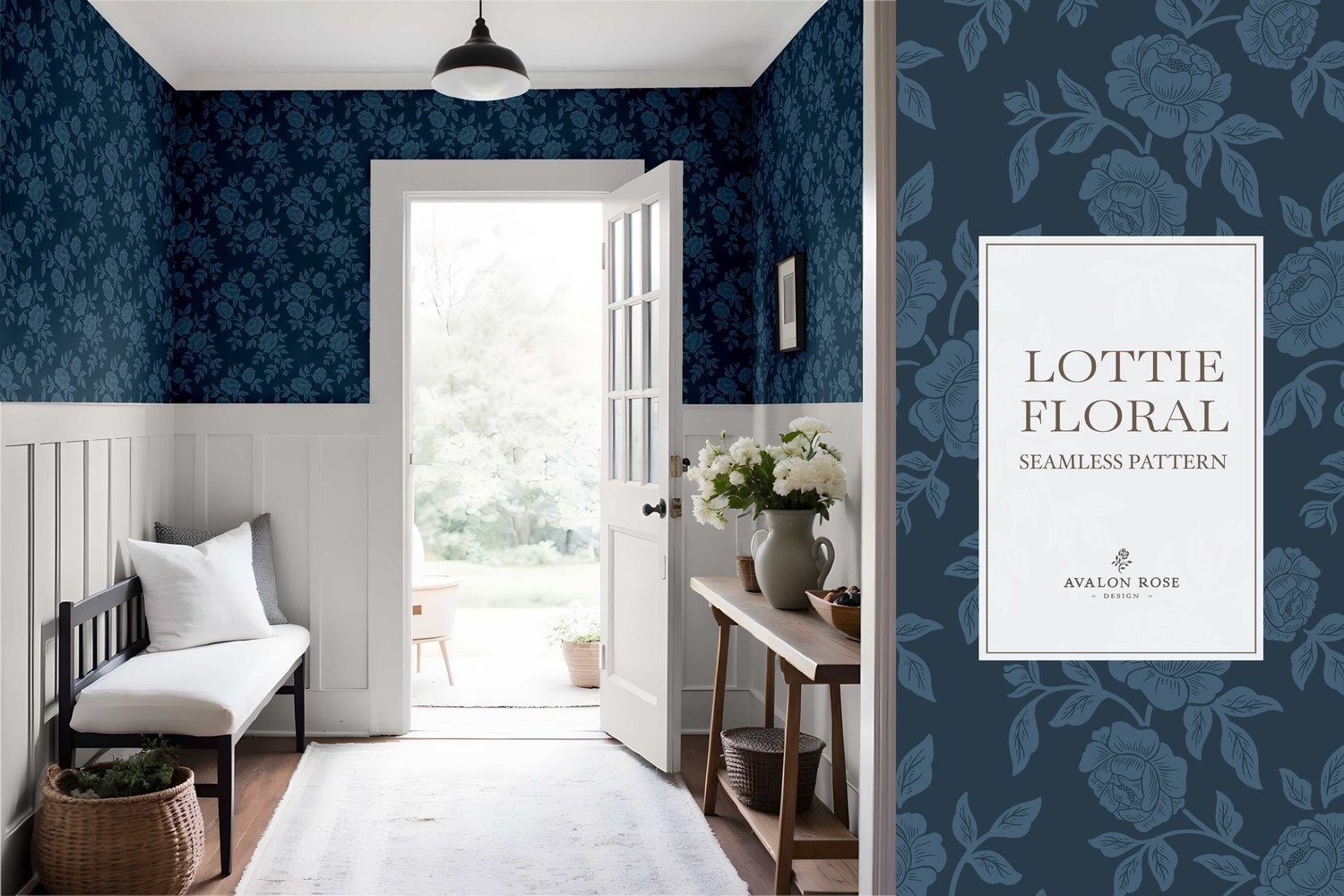 Vintage-inspired farmhouse style seamless surface pattern featuring hand-drawn rose climbing florals and leaves in navy blue on wallpaper in an entryway with white wainscoting and benches