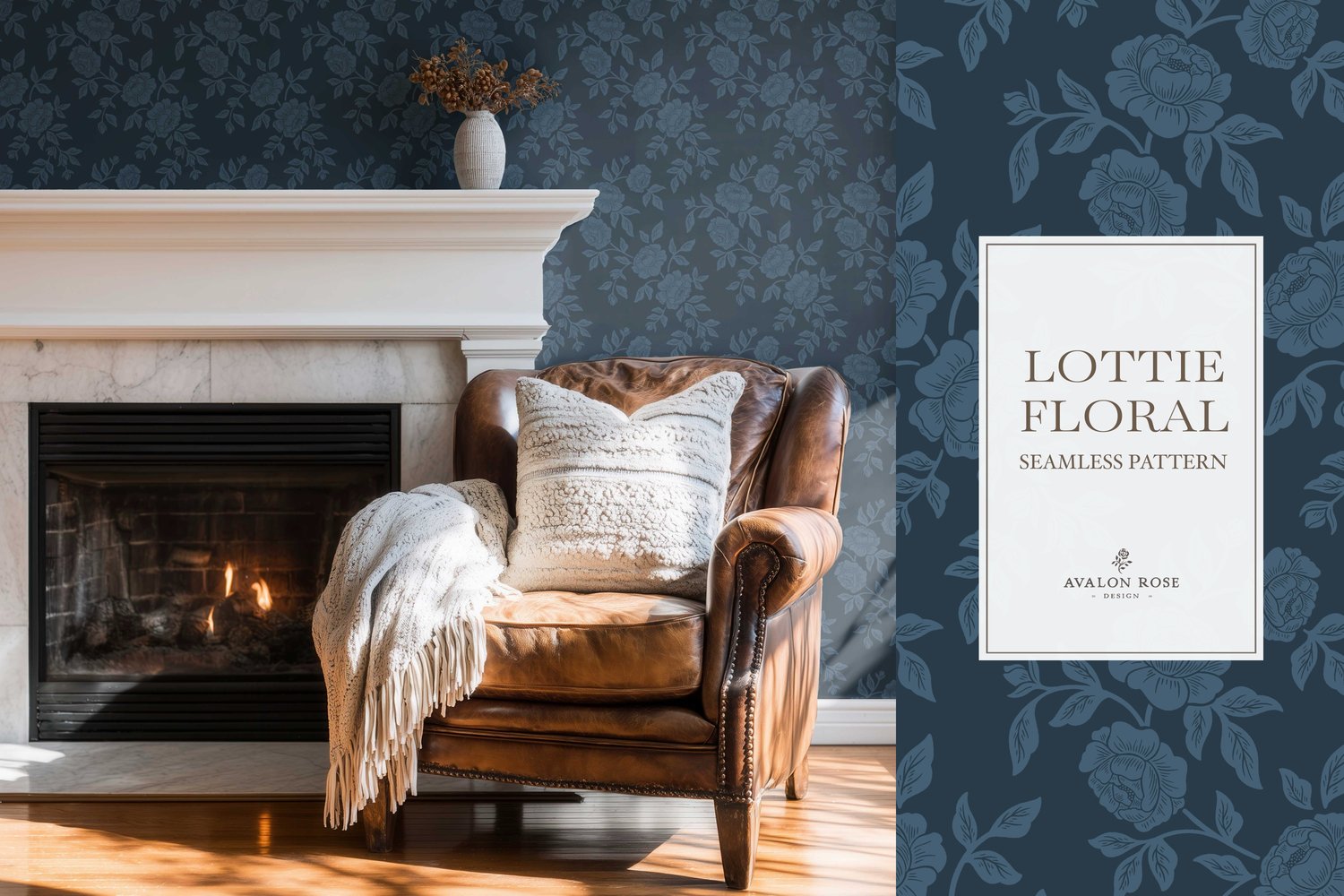 Vintage-inspired farmhouse style seamless surface pattern featuring hand-drawn rose climbing florals and leaves in navy blue on wallpaper in a room with a fireplace and leather chair