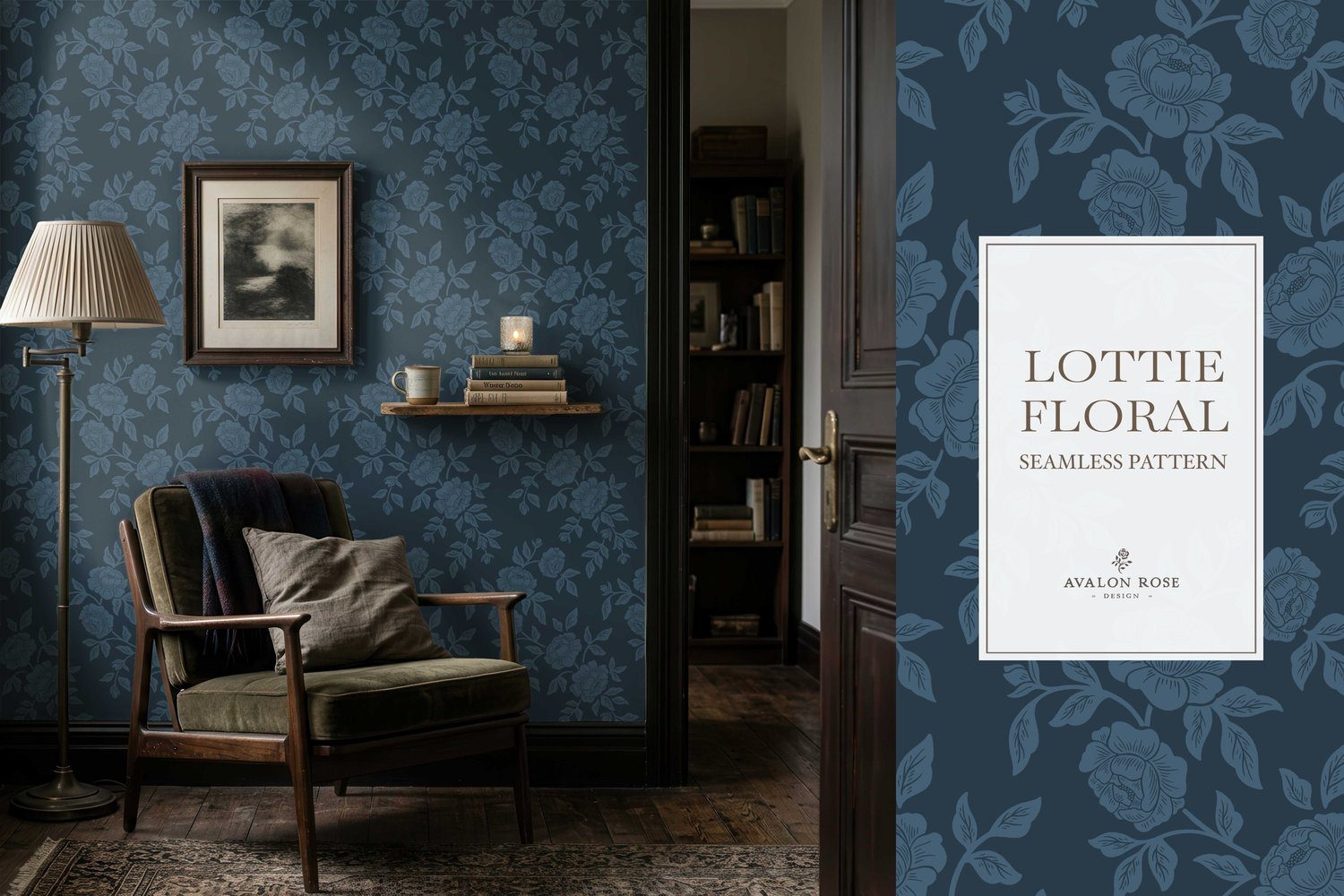 Vintage-inspired farmhouse style seamless surface pattern featuring hand-drawn rose climbing florals and leaves in navy blue on wallpaper in a room with a chair and standing lamp