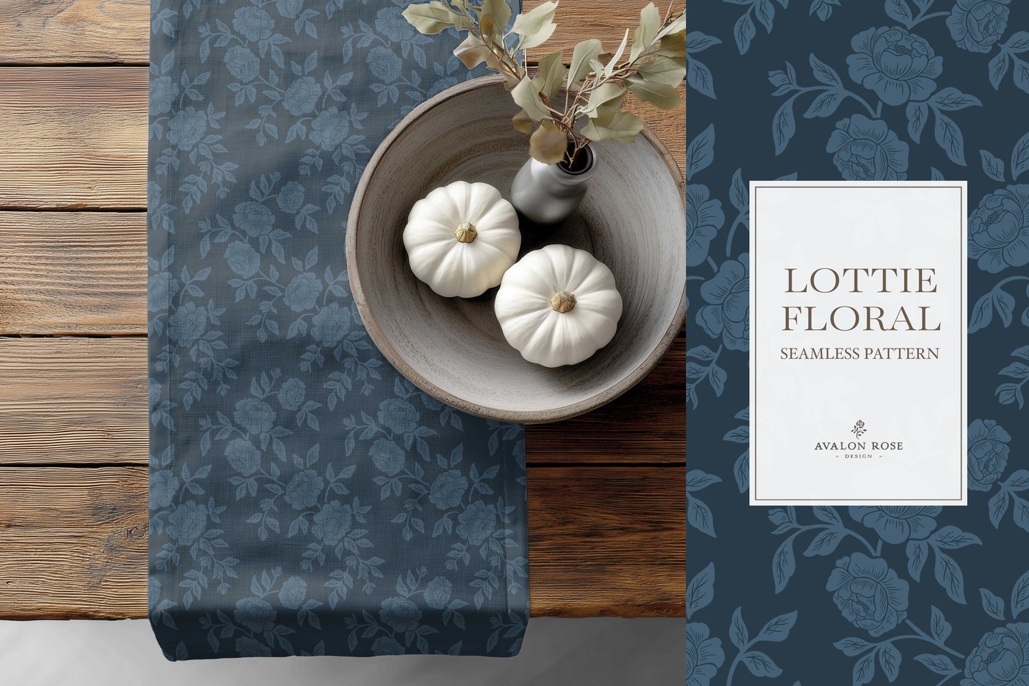 Vintage-inspired farmhouse style seamless surface pattern featuring hand-drawn rose climbing florals and leaves in navy blue on a table runner next to a bowl of white pumpkins