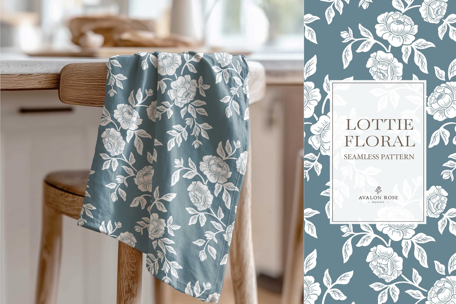 Vintage-inspired farmhouse style seamless surface pattern featuring hand-drawn rose climbing florals and leaves in medium blue and white on a tea towel hanging over a wooden chair
